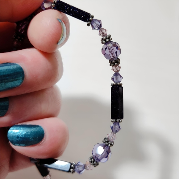 Silver tone Purple Goldstone Faceted Crystal Bead Bracelet Handmade Y2K Vintage - Picture 5 of 12